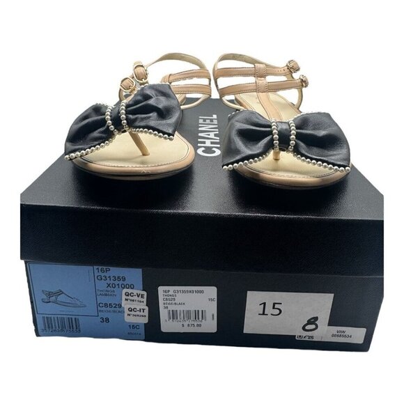 Chanel CC Logo Bow Pearl Leather Sandals Wide Fit - Picture 9 of 9